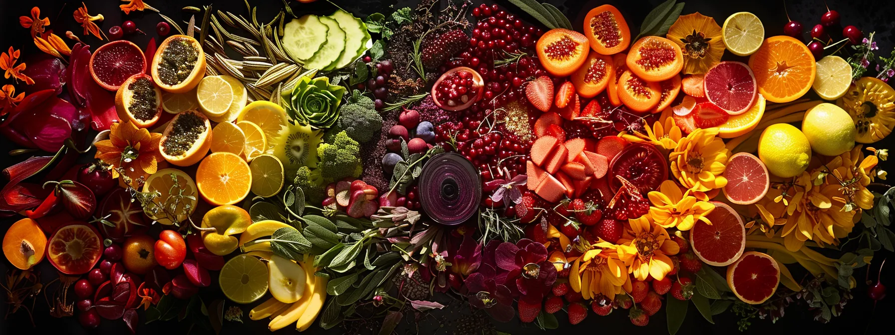 a colorful array of fruits, vegetables, and herbs arranged in a circular pattern, each representing a different chakra with vibrant hues and energy.