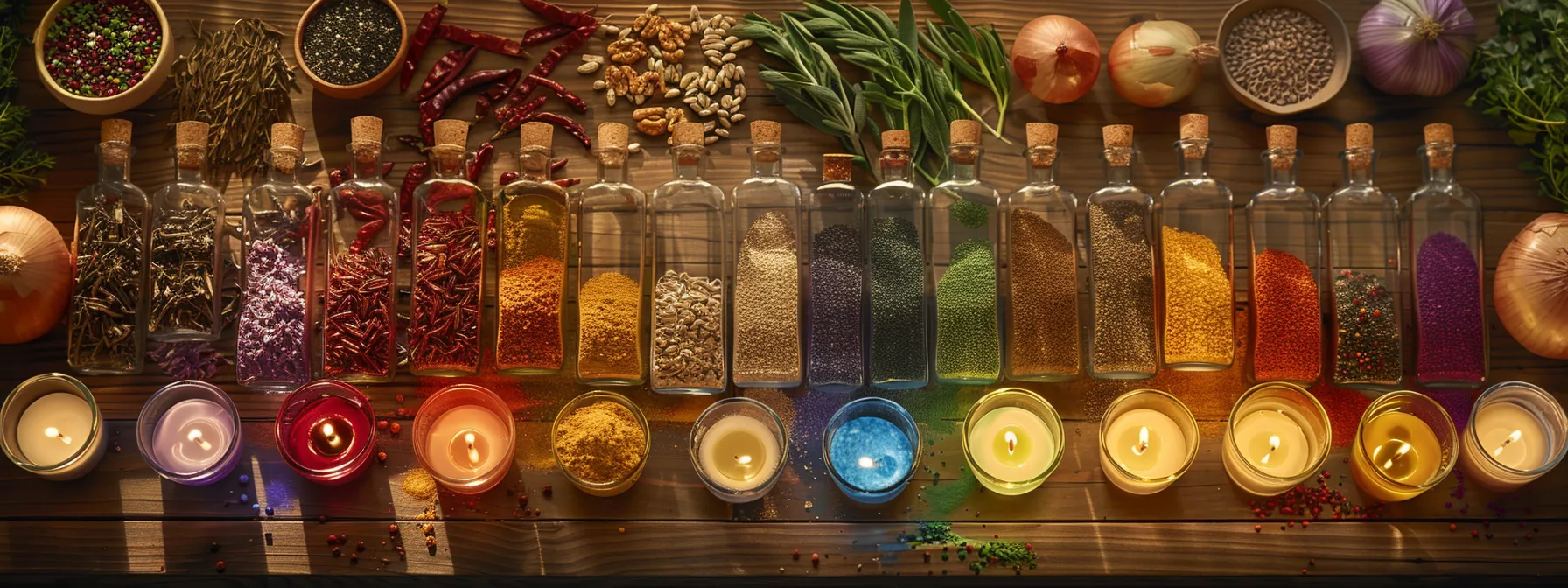 a colorful array of seeds, onions, and oils arranged in a harmonious display, representing a personalized chakra healing diet plan.