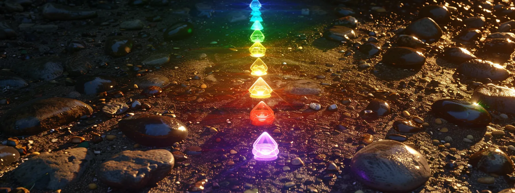 a glowing rainbow of seven primary chakras radiating energy and connecting to the individual's well-being and intuition.