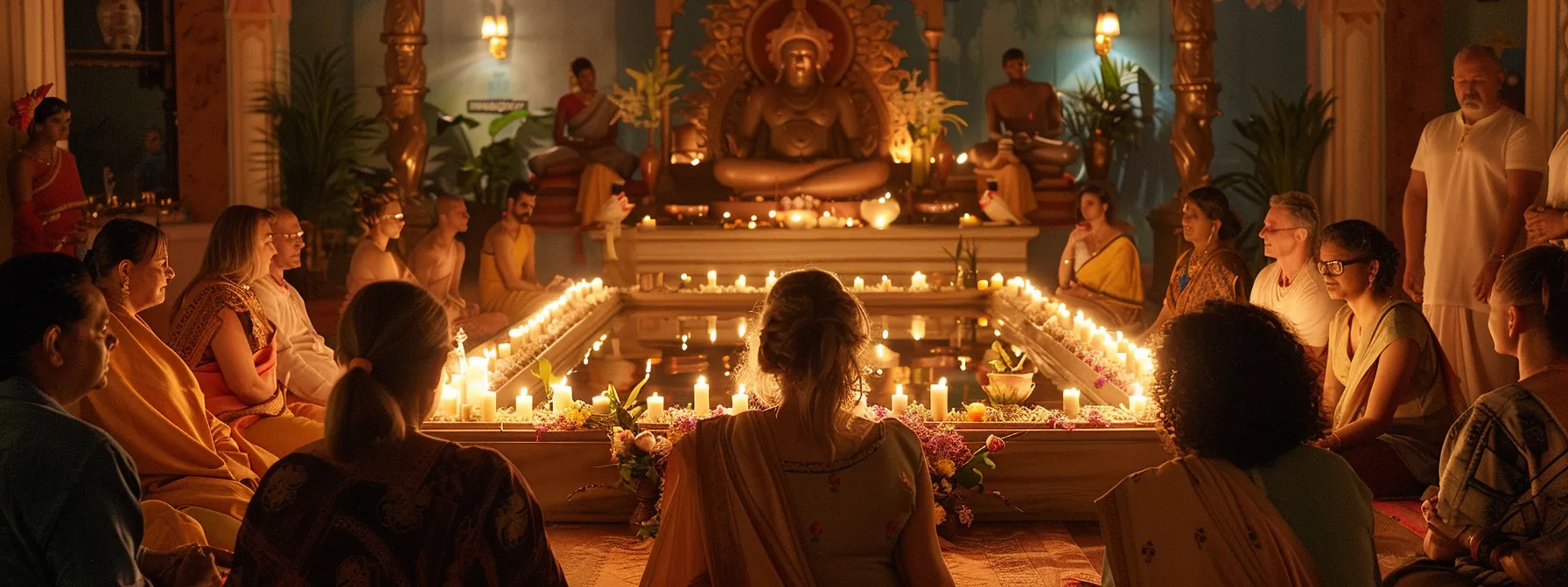 a group of diverse individuals gather around a serene, candlelit altar in a peaceful temple, seeking support and guidance during their kundalini awakening journey.