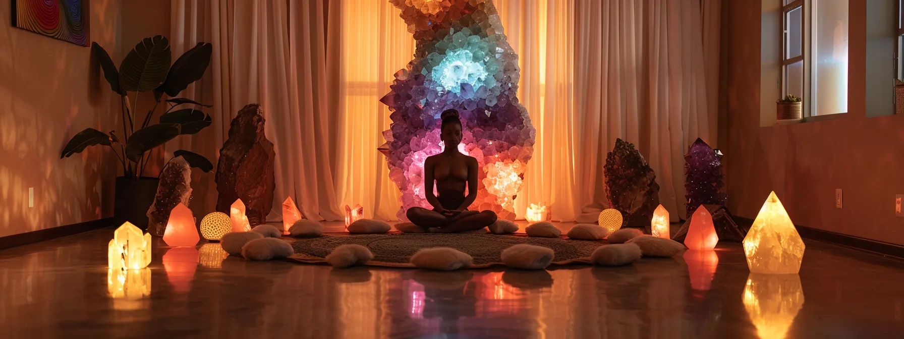 a peaceful meditation space adorned with vibrant crystals aligning the chakras for balance and calm.