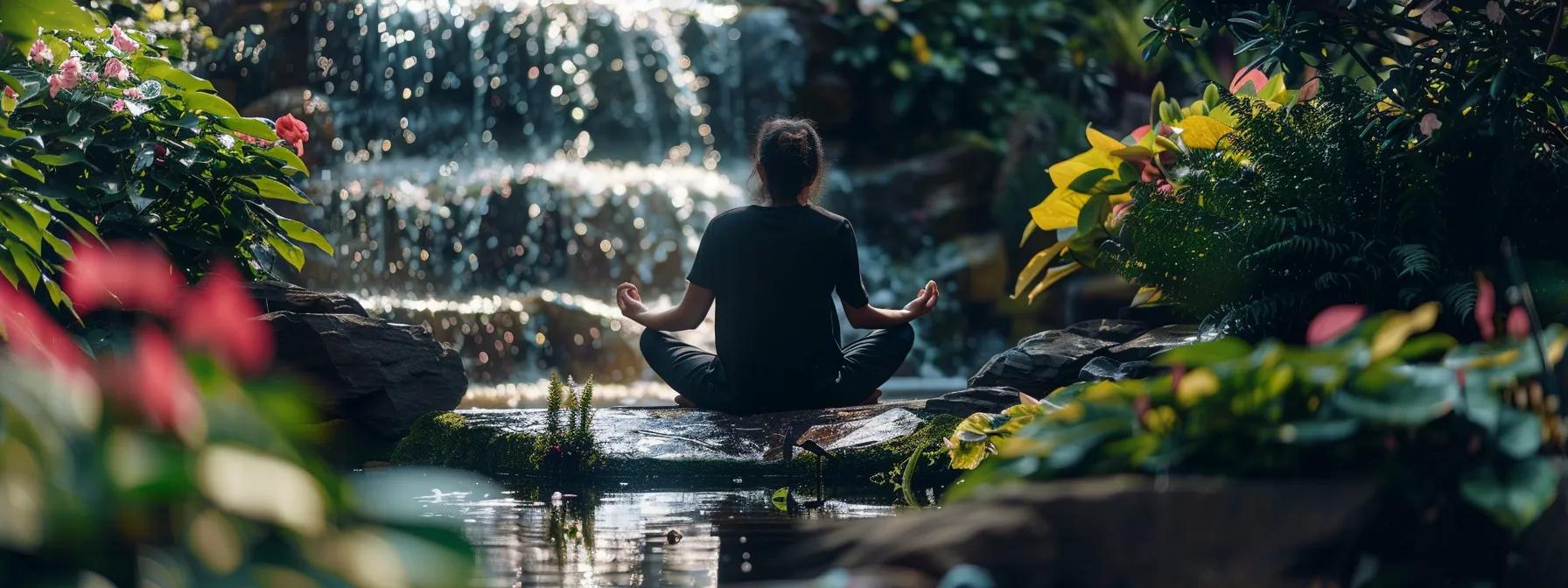 a person deeply meditating in a tranquil garden, surrounded by vibrant flowers and a soothing waterfall reflecting the practice of harnessing the power of the subconscious mind.