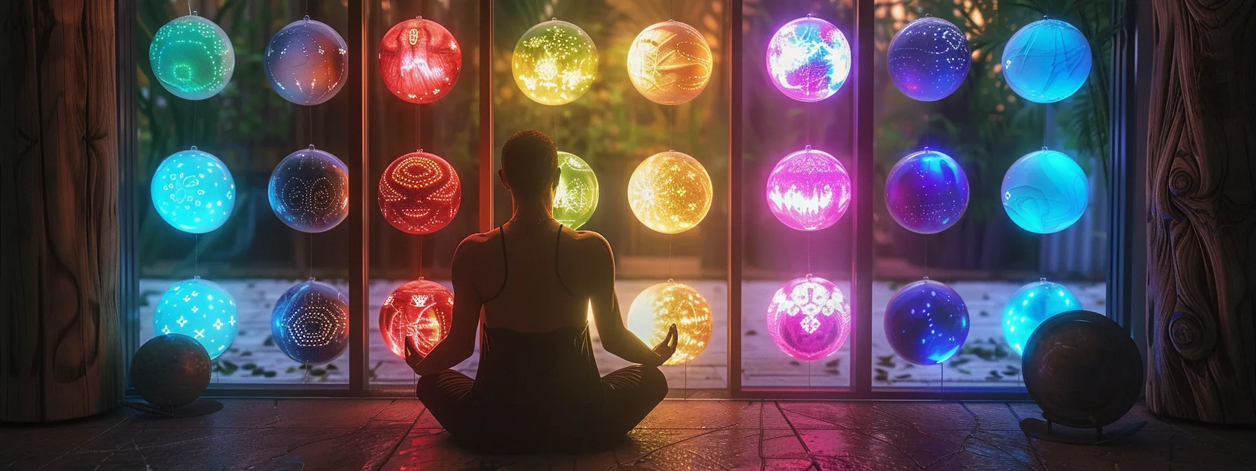 a person meditating in a serene, peaceful setting surrounded by glowing, colorful orbs representing the seven major chakras.