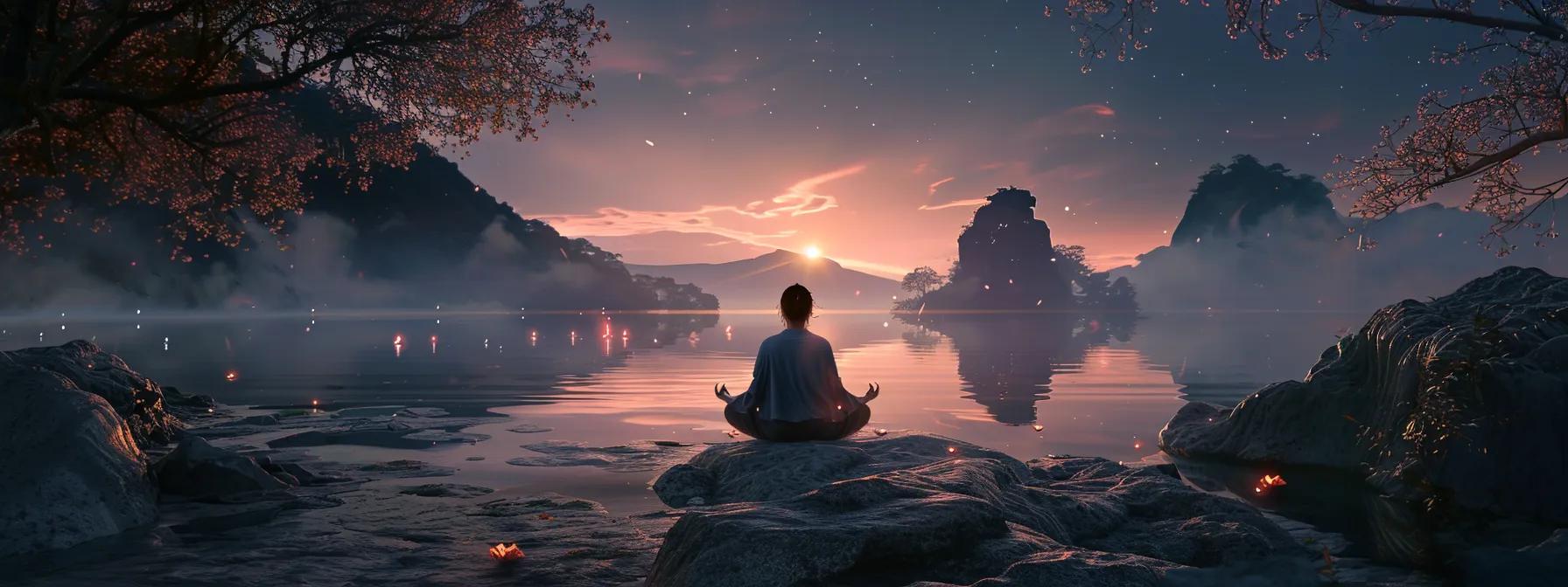 a person meditating in a serene setting, surrounded by a peaceful landscape and visualizing their goals with intense focus.