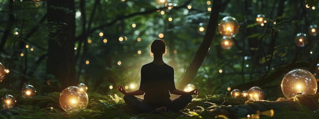 a person meditating in a serene forest clearing, surrounded by floating orbs of bright, glowing light.