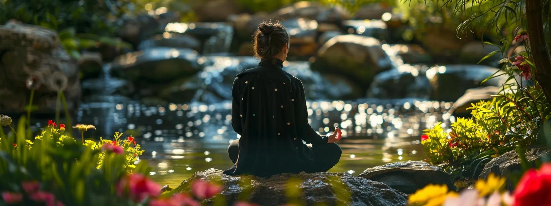 a person peacefully meditating in a serene garden, surrounded by blooming flowers and flowing water, with a journal and pen in hand, symbolizing clarity and insight through subconscious exploration.