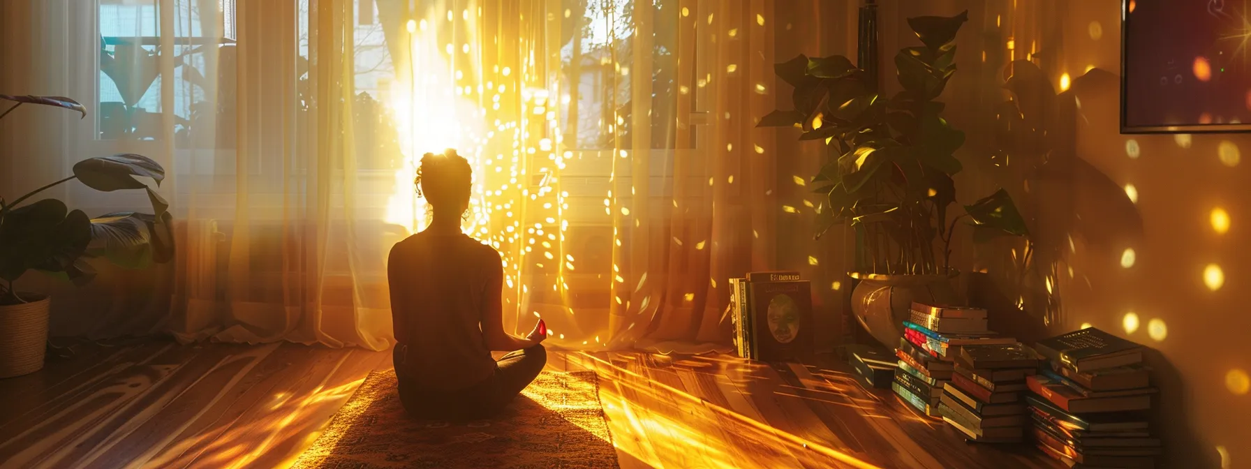 a person peacefully meditating in a serene room surrounded by glowing chakra energy, with books, a supportive community, and reminders of mindfulness integrated into their daily life.