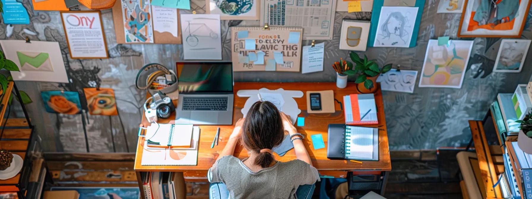 a person sitting at a desk surrounded by vision boards, journals, and motivational quotes, deeply focused on visualizing their goals and tracking progress.