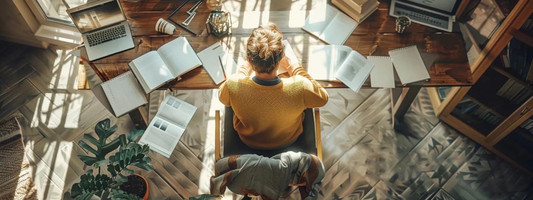 a person sitting at a desk surrounded by open journals, pens, and a laptop, deep in thought as they reflect on their subconscious beliefs and strategize ways to overcome mental barriers.