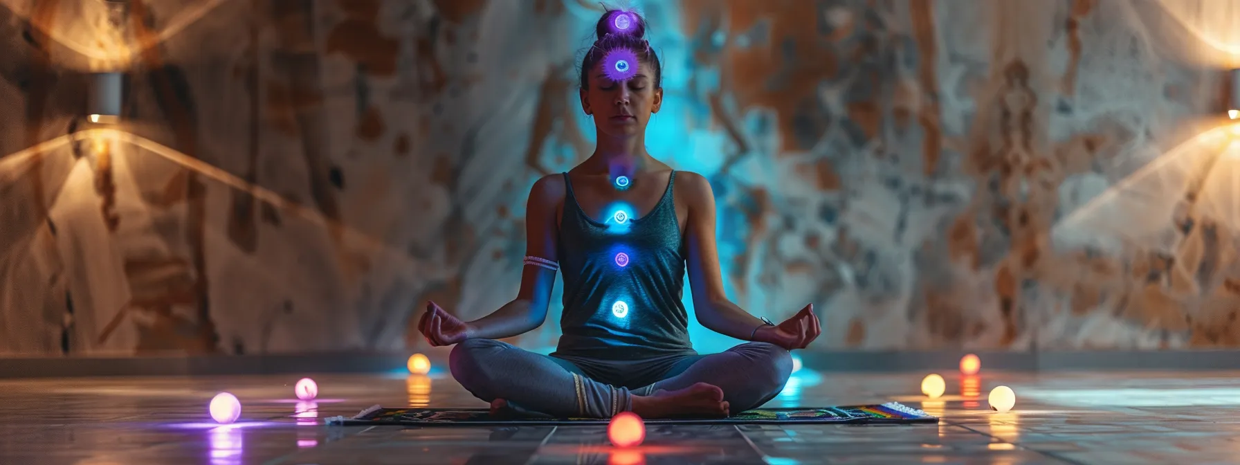 a person sitting cross-legged in a serene room, eyes closed, surrounded by glowing energy centers representing each chakra from the abdomen to the crown, creating a harmonious and balanced atmosphere.