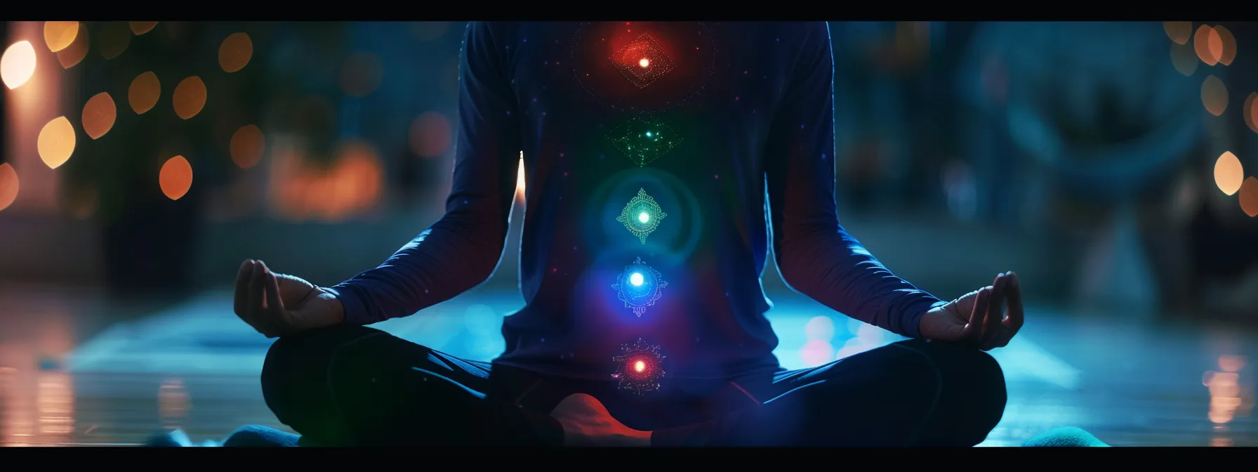 a person sitting cross-legged with eyes closed, surrounded by glowing energy centers representing the chakras from muladhara to ajna.