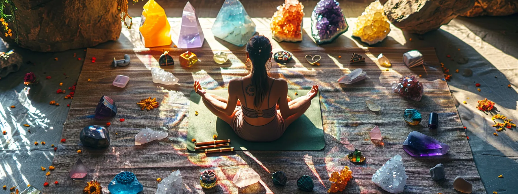 a person sitting cross-legged on a yoga mat surrounded by colorful crystals, tuning forks, and essential oils, practicing chakra alignment techniques.