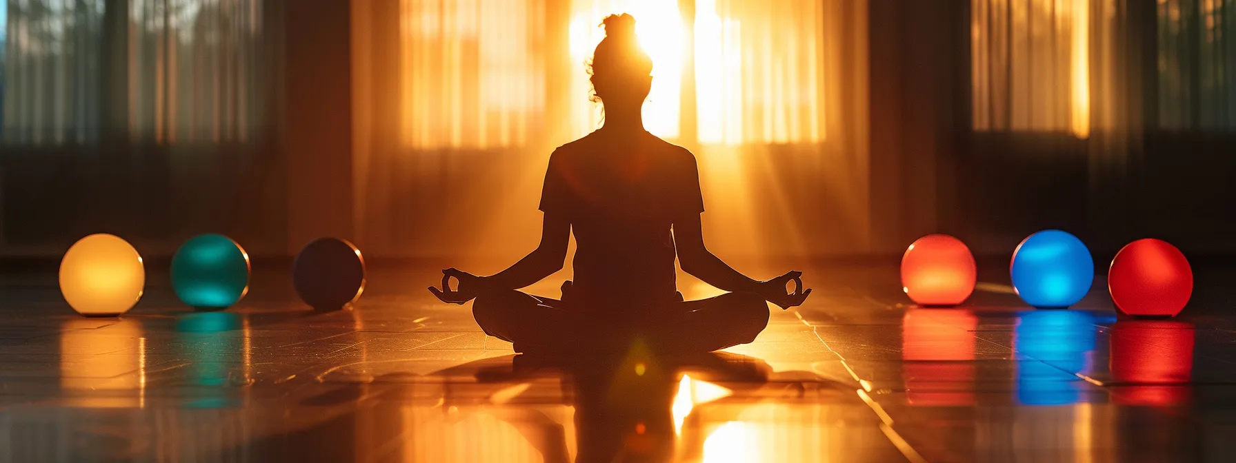 a person sitting cross-legged in a serene, sunlit room surrounded by seven vibrant, glowing orbs representing the different chakras.