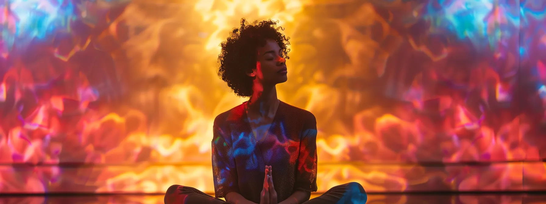 a person sitting cross-legged, with eyes closed and a serene expression, surrounded by a glowing aura of vibrant colors representing emotional shifts during kundalini awakening.