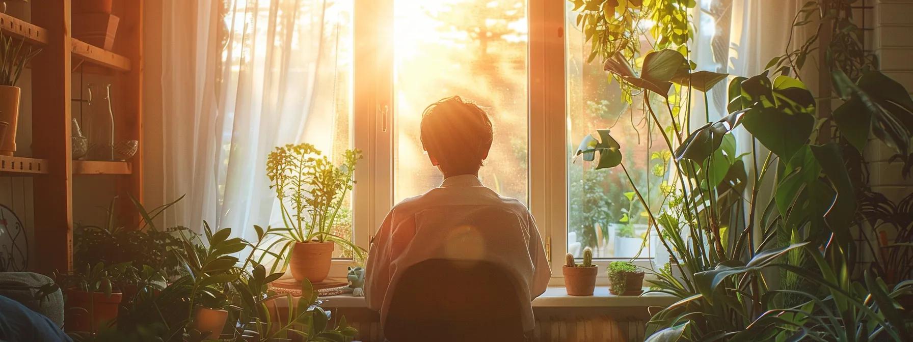 a person sitting in a serene, sunlit room, journaling about their creative visualization experiences, surrounded by plants and calming decor.