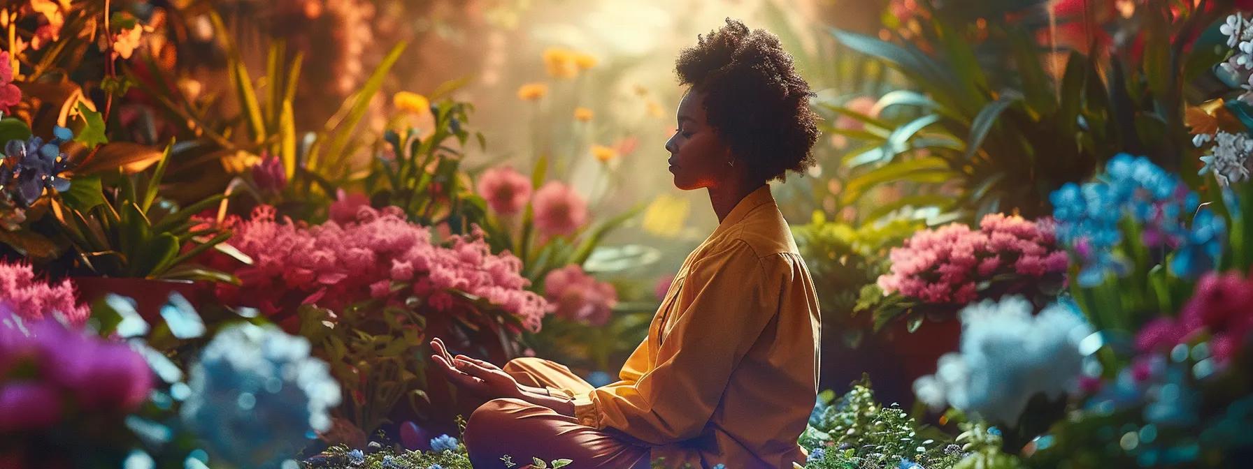 a person sitting in a tranquil garden, eyes closed, visualizing their fears transforming into wings of motivation, surrounded by blooming flowers and vibrant colors.