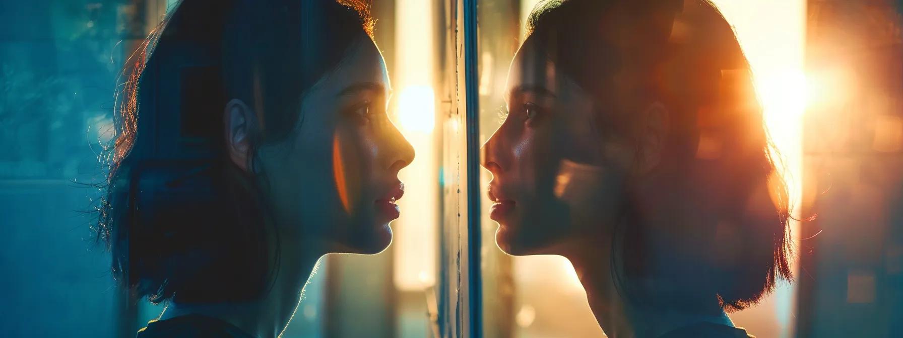 a person standing confidently in front of a mirror, facing their reflection with determination and courage, surrounded by motivational quotes and affirmations.