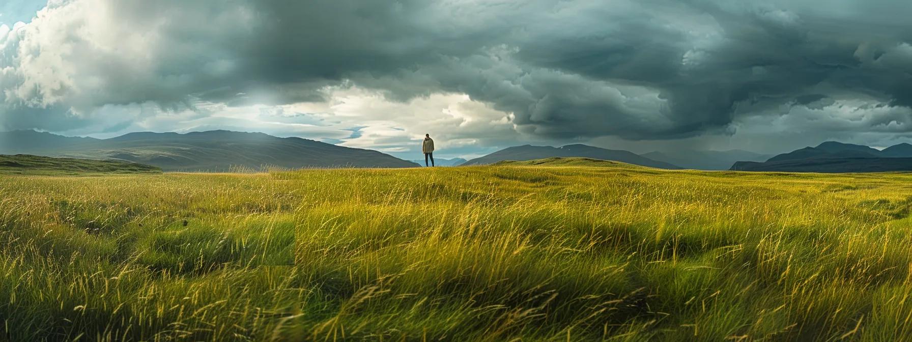 a person standing confidently in a serene meadow, blocking out swirling dark clouds of doubt and distraction to focus on a clear, bright vision of success.