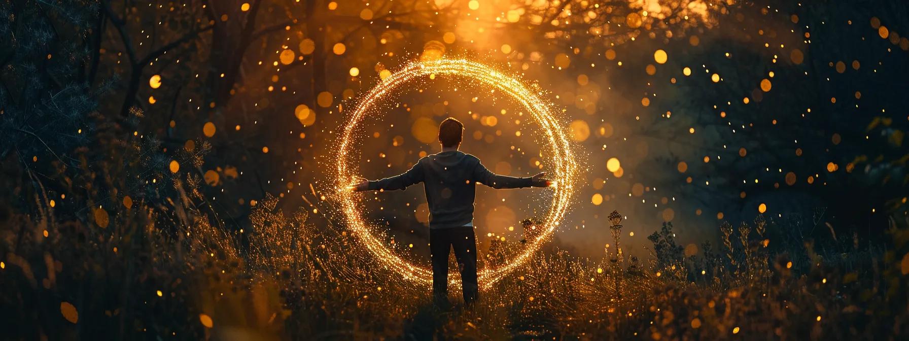 a person standing in a clearing, hands outstretched towards the sky, surrounded by a circle of broken chains symbolizing the release of limiting beliefs and self-sabotage.