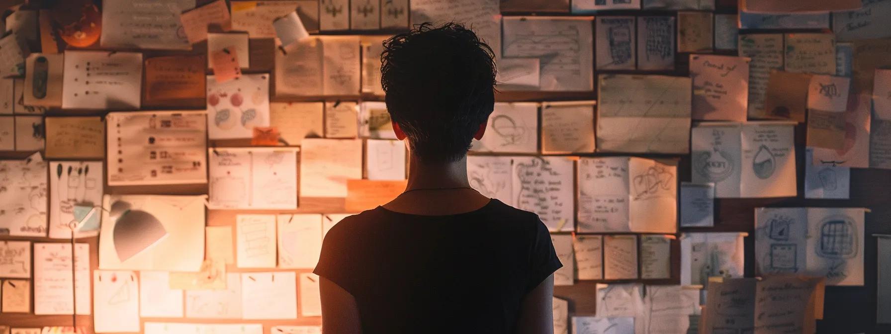 a person standing in front of a vision board filled with clear, specific goals and detailed action plans.