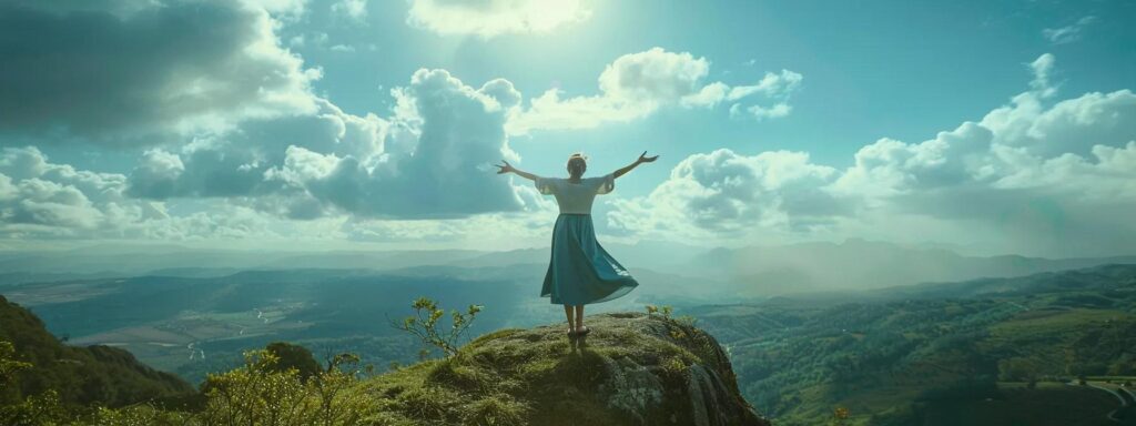 a person standing on a mountaintop, arms outstretched, gazing at the vast horizon filled with dreams and aspirations.