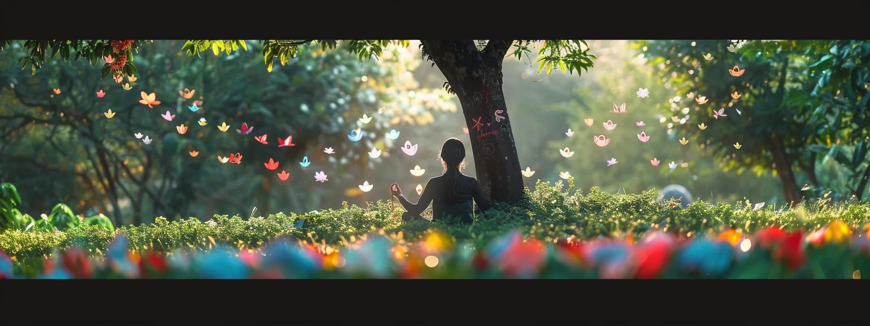 a person surrounded by a serene garden, meditating beneath a tree with colorful visualization images floating around them, surrounded by positive affirmations written in the air.