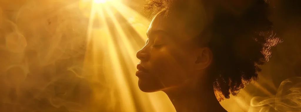 a person with closed eyes basking in a radiant halo of golden light, symbolizing a profound spiritual awakening.