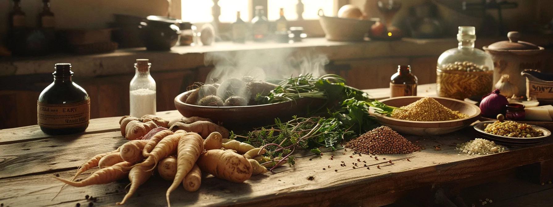 a rustic wooden table adorned with an array of colorful root vegetables, earthy whole grains, and aromatic essential oils, creating a nourishing and grounding display.