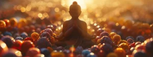 a serene image of a person meditating with closed eyes surrounded by vibrant and energizing rudraksha beads.