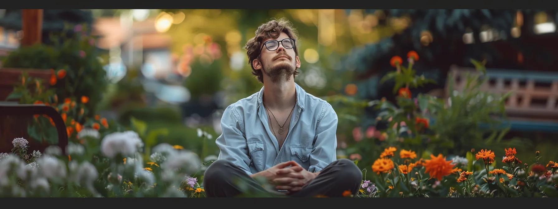 a serene individual seated in a peaceful garden, surrounded by vibrant flowers and envisioning their goals with a focused and determined expression on their face.