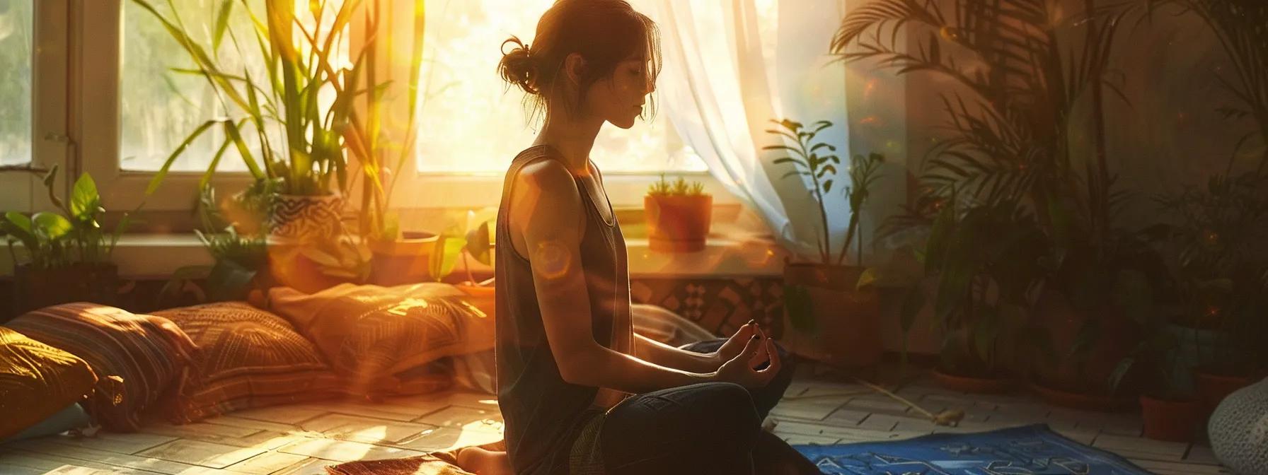 a serene individual sitting in a bright, sunlit room with closed eyes, surrounded by colorful imagery and natural elements, immersed in deep meditation and creative visualization practice.