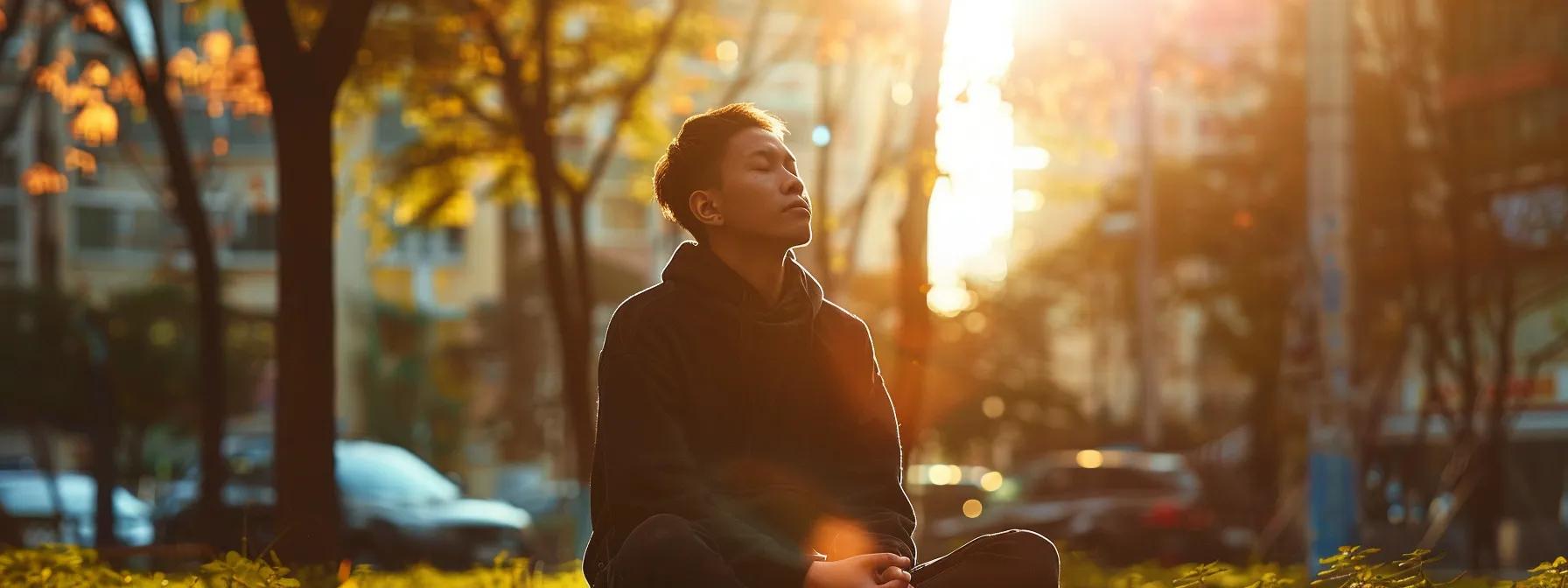 a serene individual sitting in a bustling city park, eyes closed, surrounded by a vivid aura of light and clarity, visualizing success and tranquility amidst the chaos of urban life.