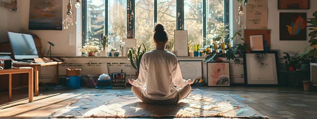 a serene person sitting cross-legged in a sunlit room, surrounded by colorful art supplies and peacefully meditating.