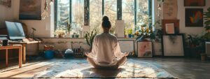 a serene person sitting cross-legged in a sunlit room, surrounded by colorful art supplies and peacefully meditating.