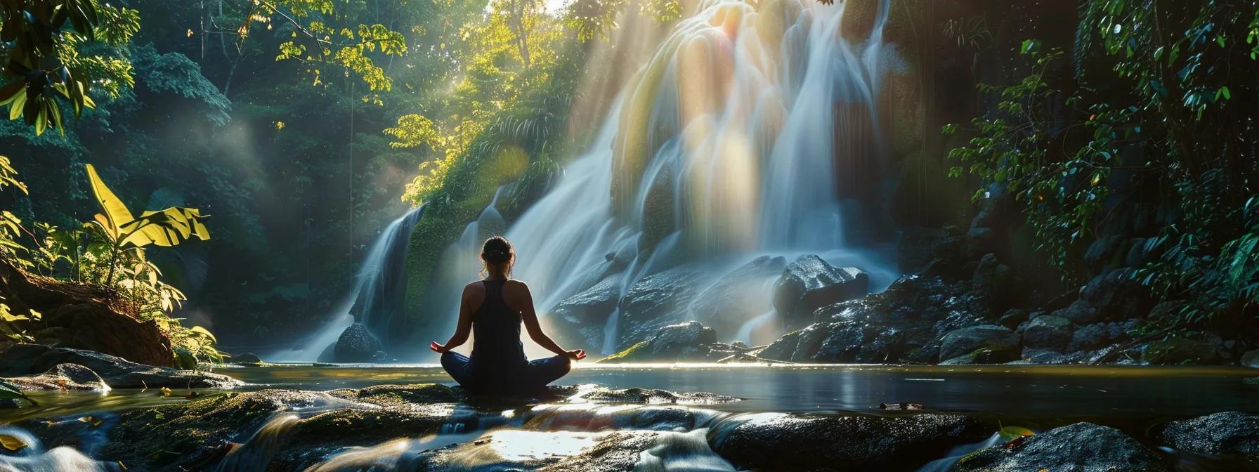 a serene setting with a person meditating in nature, surrounded by lush greenery and a tranquil waterfall in the background.