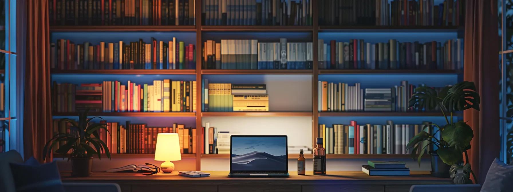 a serene study room adorned with shelves of insightful books, a glowing laptop displaying an online course, and a peaceful meditation corner with essential oils and calming music, creating a perfect environment for exploring subconscious reprogramming techniques.