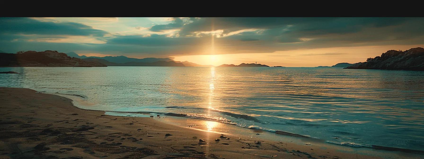 a serene, tranquil beach scene with a peaceful sunset, representing visualization techniques for health and well-being.