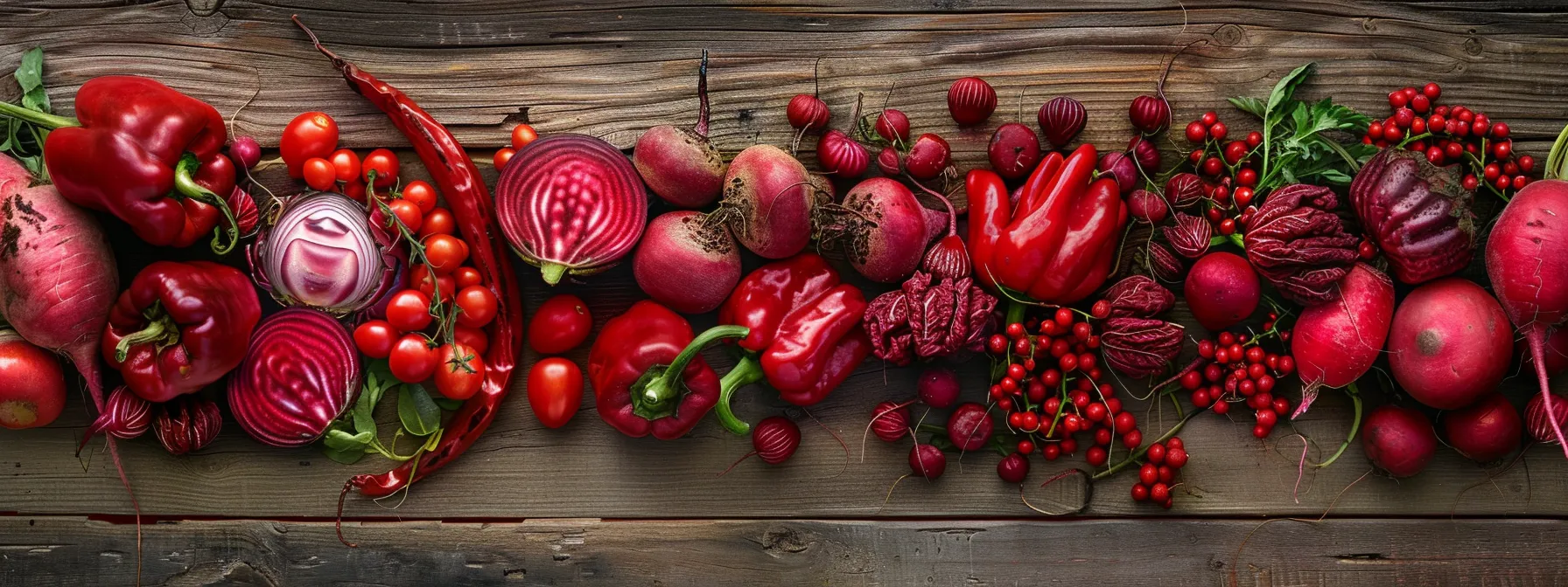 a vibrant array of red vegetables, including beets and bell peppers, displayed on a rustic wooden table.