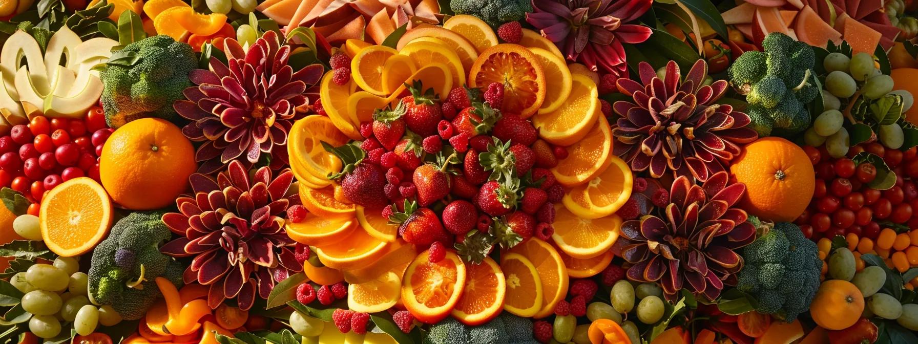 a vibrant spread of colorful fruits and vegetables, symbolizing the dietary balance needed to enhance throat, third eye, and crown chakras.