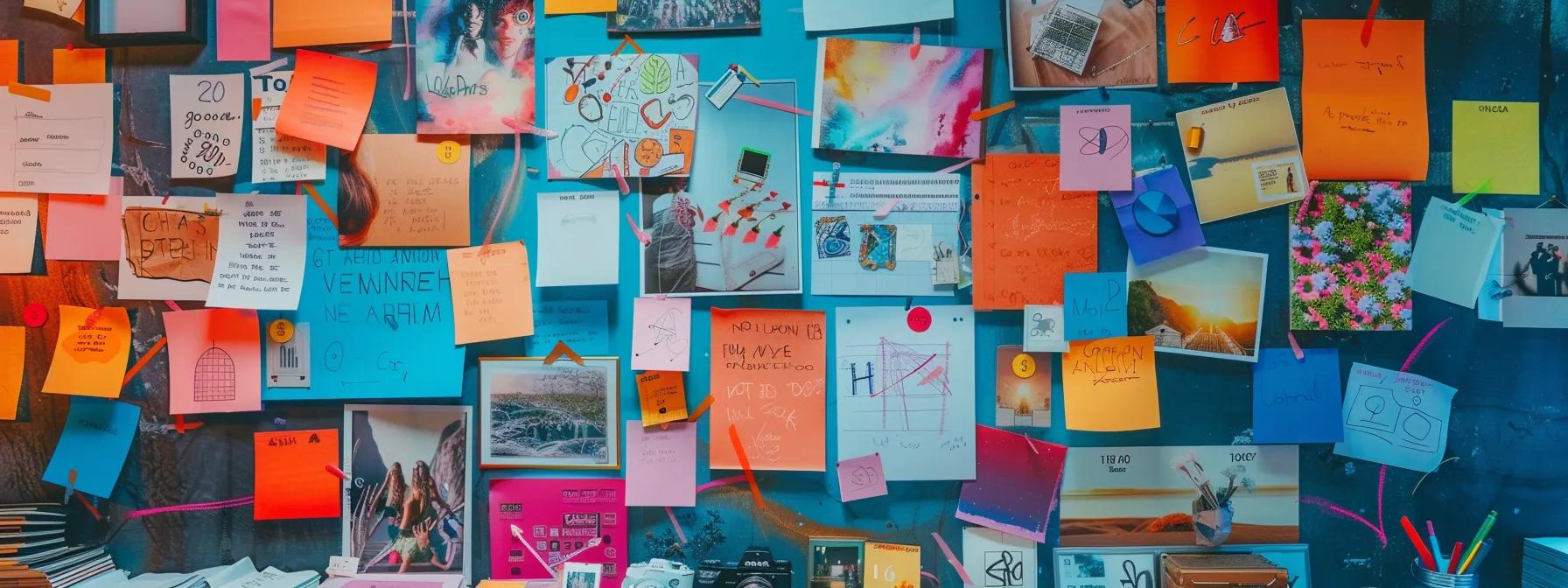 a vision board filled with inspiring images, quotes, and goals displayed on a wall, surrounded by colorful sticky notes and pens.