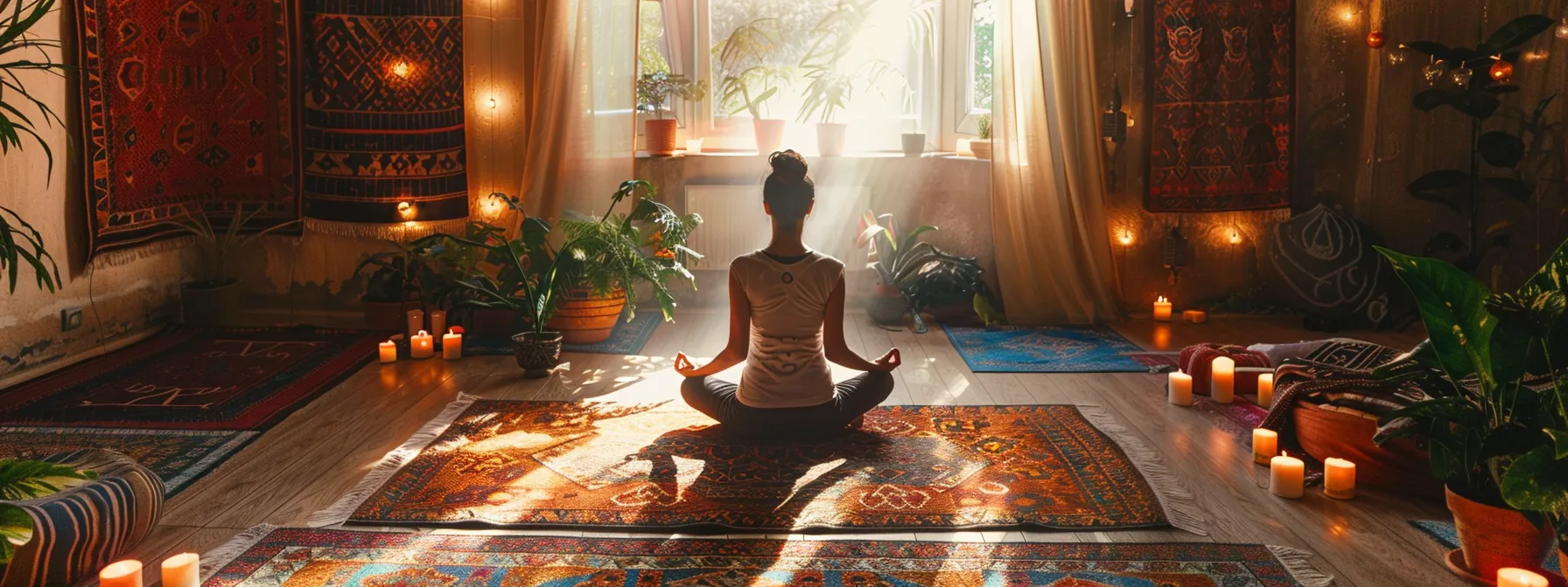 a woman practicing kundalini yoga in a serene, sunlit room with vibrant tapestries hanging on the walls, surrounded by candles and plants, creating a peaceful and harmonious atmosphere.