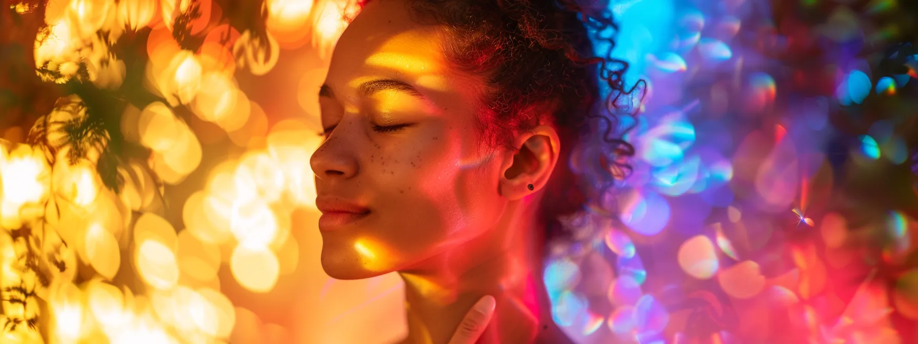 a woman with closed eyes, surrounded by vibrant colors, holding a glowing symbol of personal power and confidence, representing balanced chakras.