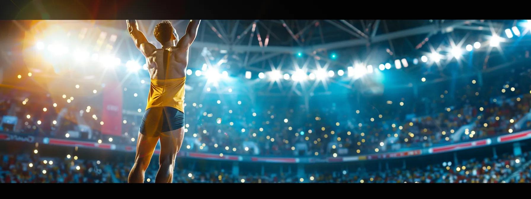 an athlete standing on a podium, beaming with joy, holding a gold medal aloft as the crowd cheers in the background, capturing the moment of achieving success through creative visualization.