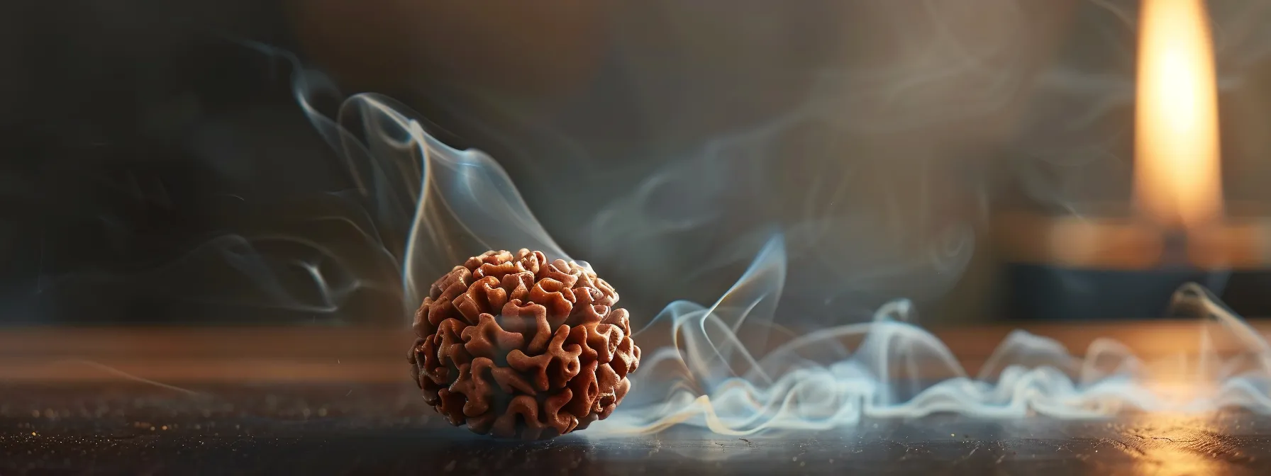 a close-up photo capturing a thirteen mukhi rudraksha bead surrounded by soft, sacred incense smoke, symbolizing purity and spiritual energy.