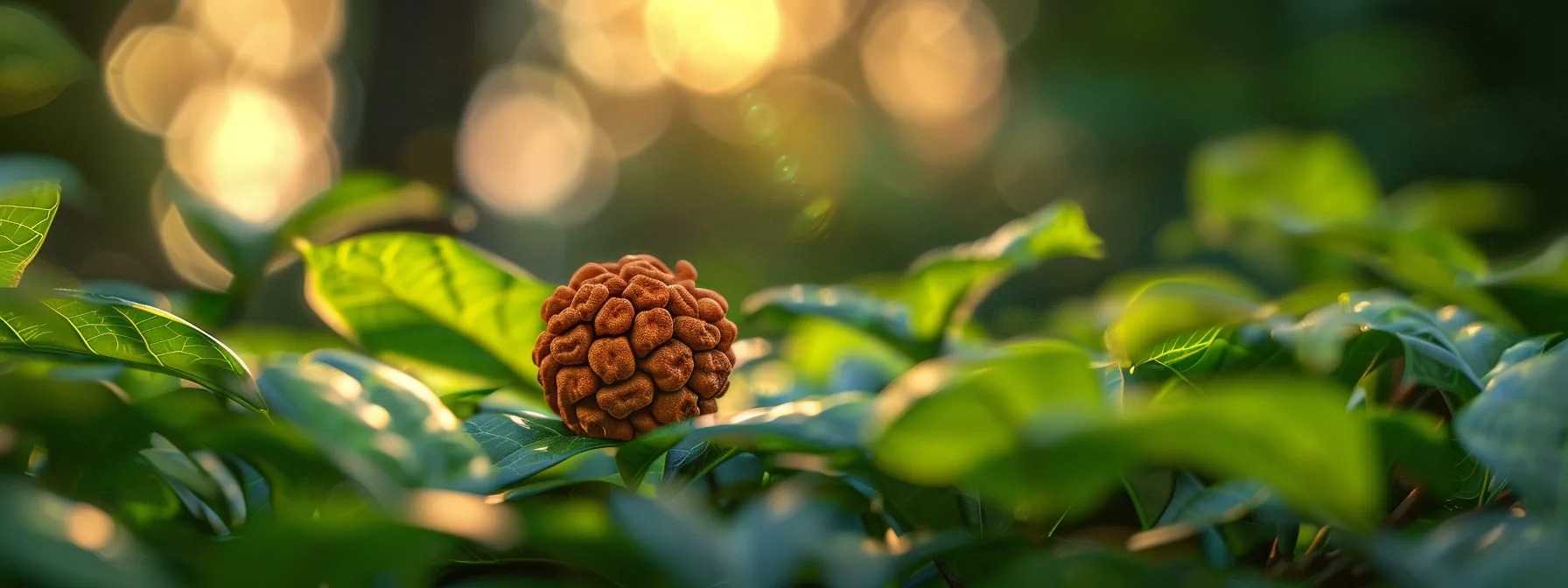 a close-up photo of a luminescent twelve mukhi rudraksha nestled in a bed of vibrant green leaves, exuding a sense of spiritual energy and tranquility.