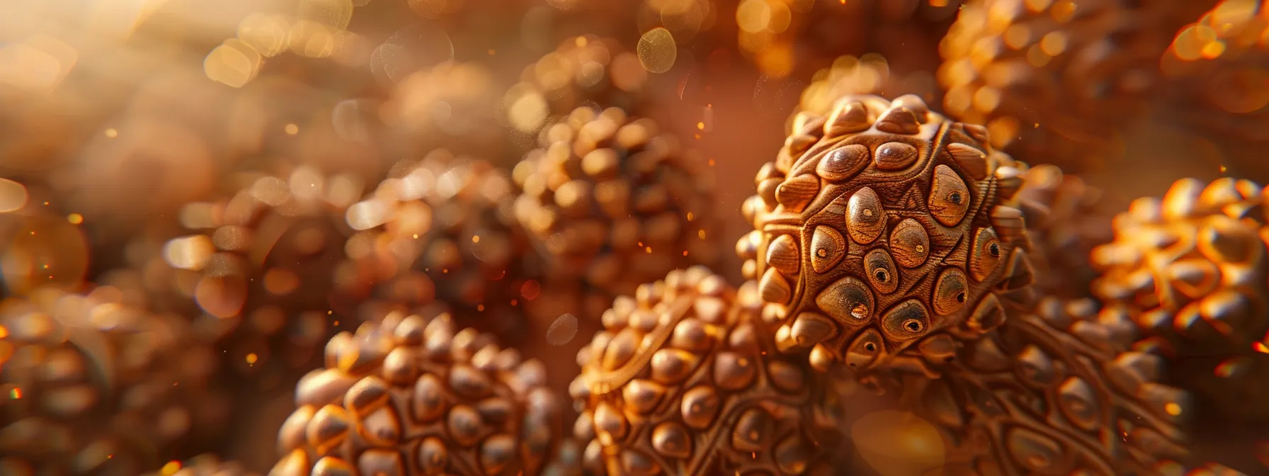 a close-up photo of a thirteen mukhi rudraksha bead, showcasing its intricate thirteen faces symbolizing unique divine energies and spiritual significance.