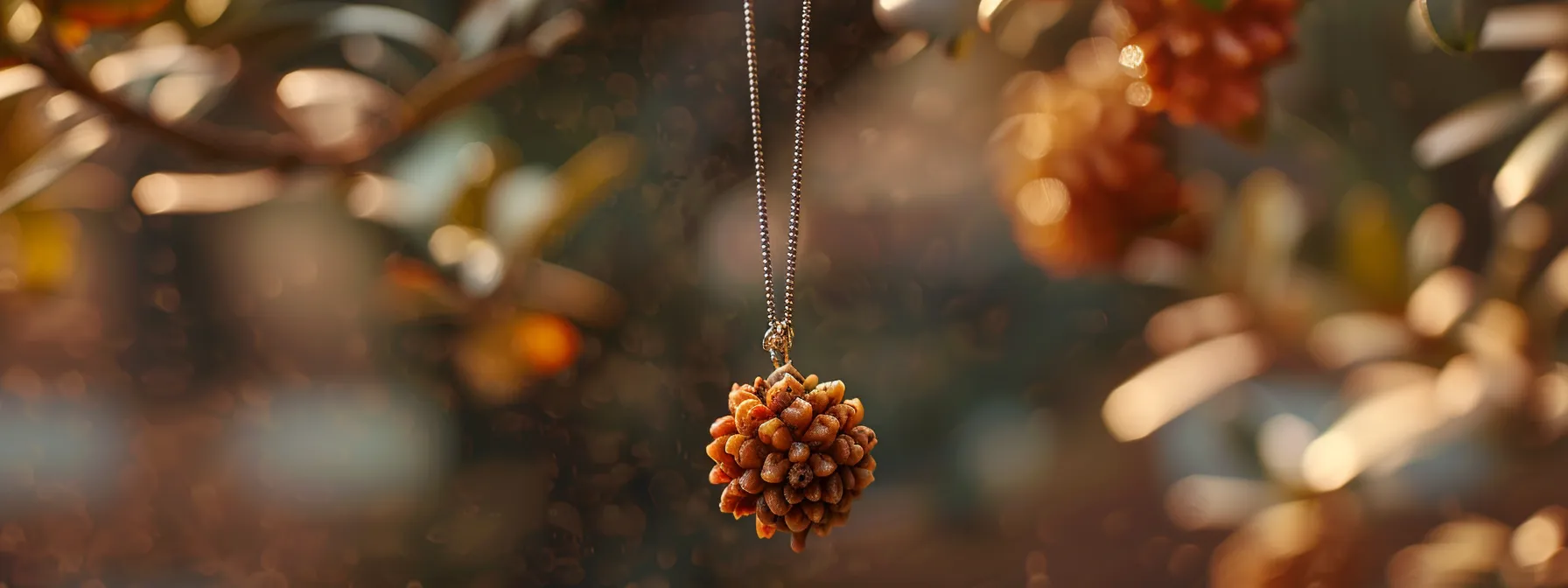 a close-up of a thirteen mukhi rudraksha suspended on a delicate chain, showcasing its unique thirteen facets and spiritual significance.