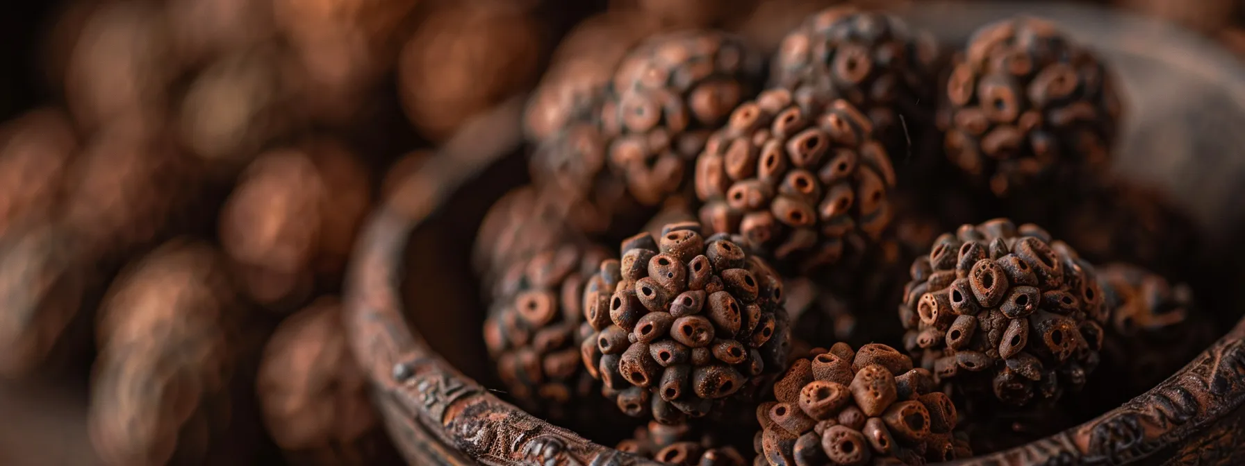 a close-up photo of a collection of ancient rudraksha beads, showcasing their intricate designs and historical significance.