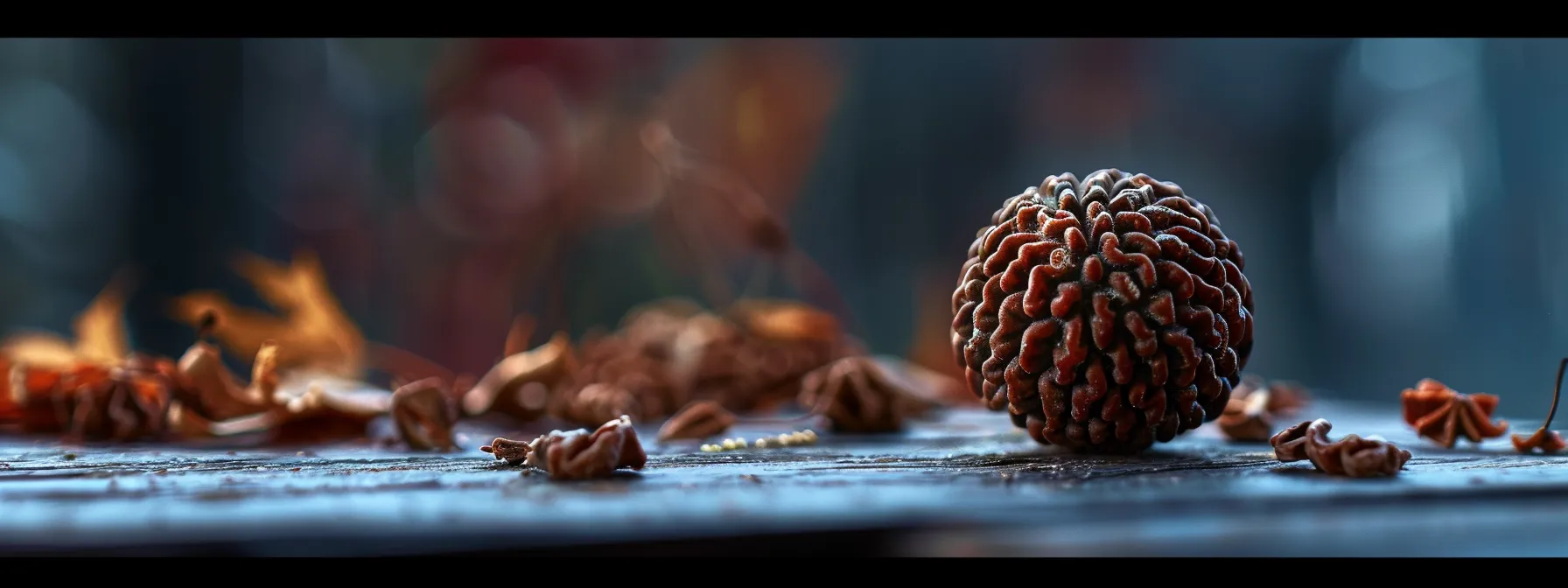 a close-up shot of a genuine fourteen mukhi rudraksha bead, showcasing its intricate natural grooves and distinct surface markings that signify authenticity and spiritual significance.