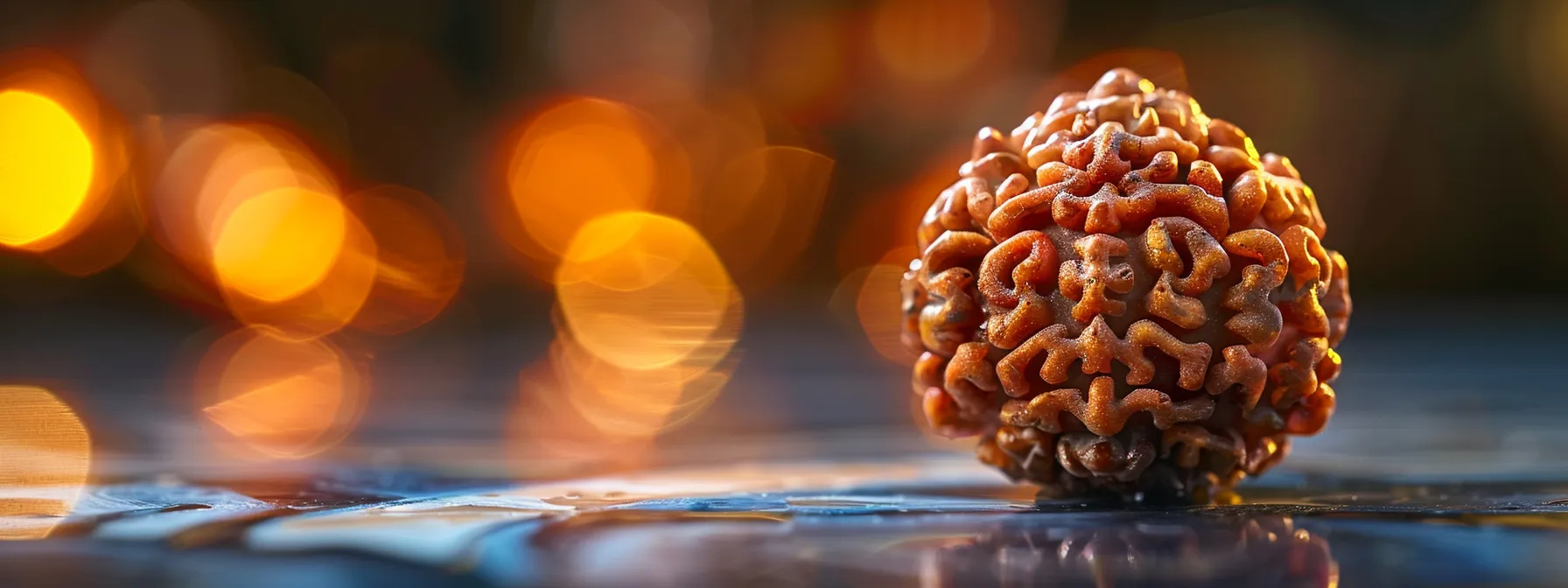 a close-up shot of a shimmering and intricately detailed twelve mukhi rudraksha bead, showcasing its unique physical and chemical properties.